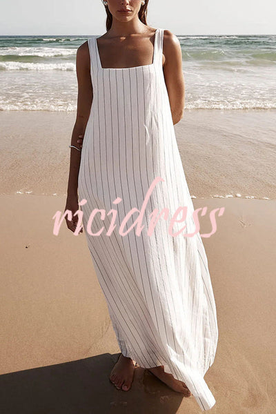 Simple and Stunning Linen Blend Pinstripe Detail Square Neck A-line Maxi Dress