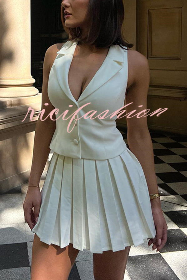 Sexy V-neck Sleeveless Vest and Pleated Mini Skirt Set