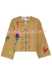 Fashionable Embroidered Lace-up Long-sleeved Loose Top