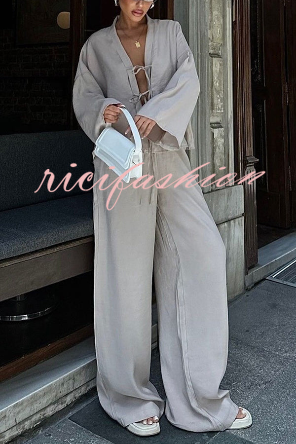 Stylish Loose Tie Shirt and Elastic Waist Wide-leg Pants Set