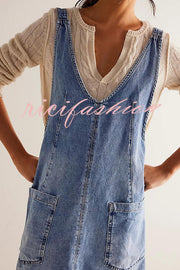 Solid Color Sleeveless V-neck Pocket Adjustable Denim Suspender Mini Dress