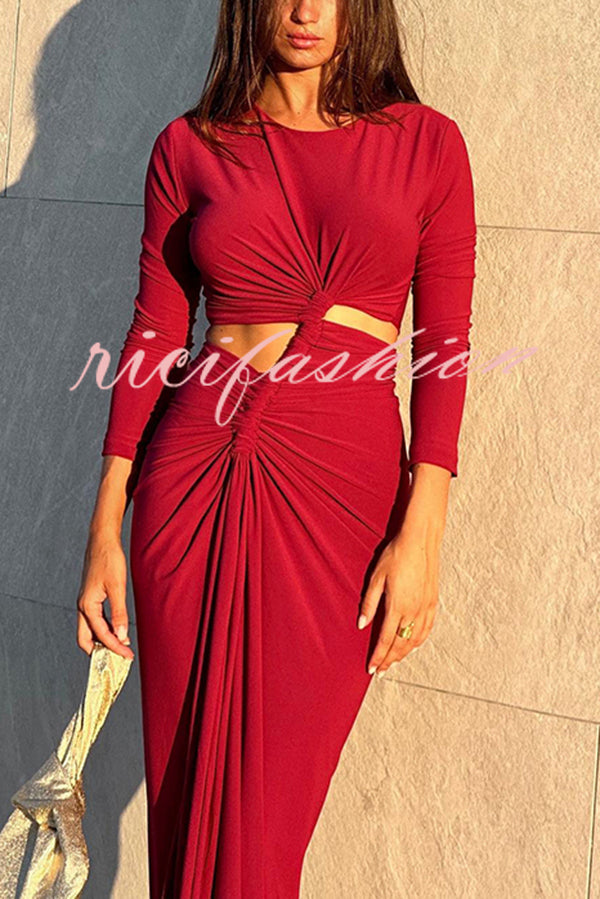 Solid Color Round Neck Long Sleeve Sexy Exposed Waist Slit Maxi Dress