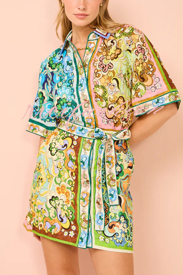 Sasha Linen Blend Unique Printed Shirt Style Tie-waist Mini Dress