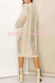 Jamila Knit Cable Cotout Long Sleeve Pocket Oversized Midi Cardigan