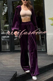 Velvet Casual Zip-up Hooded Top and Elastic Waist Wide Leg Pants Set