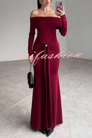 Naia Off Shoulder Long Sleeve Metal Buckle Adjustment Drape Stretch Maxi Dress