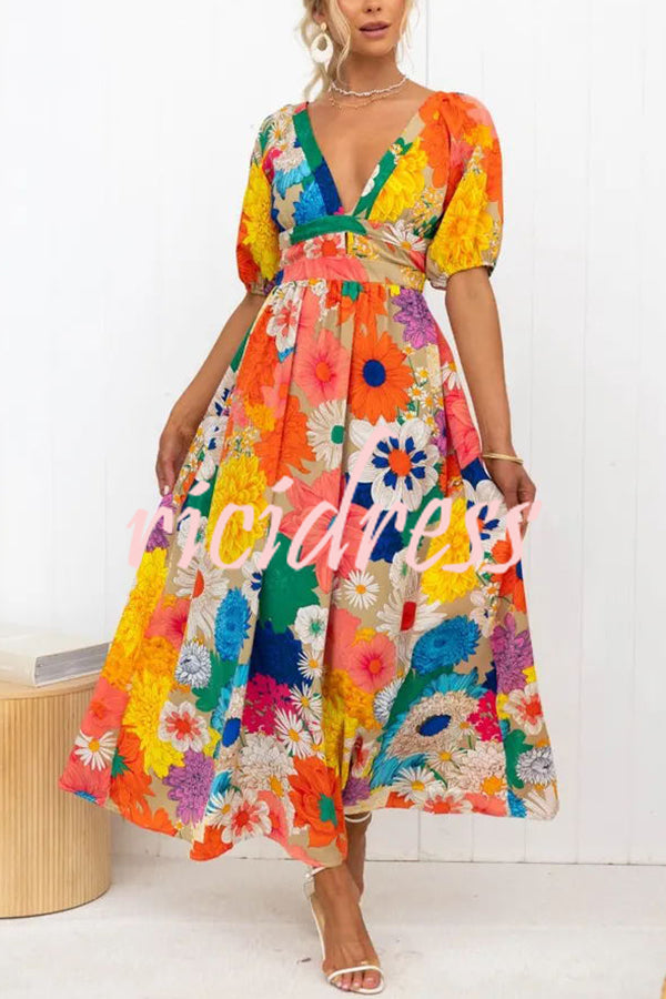 Floral Frenzy Printed Puff Sleeve Back Smocked Maxi Dress