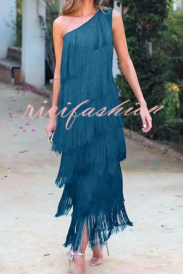 Stylish Fringed One Shoulder Asymmetric Midi Dress