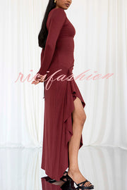 Venus Long Sleeve Ruched Side Slit Drape Ruffles Back Lace-up Stretch Maxi Dress