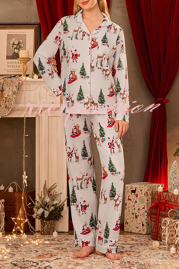 Christmas Holiday Print Long Sleeve Pocket Top and Elastic Waist Loose Pants Set