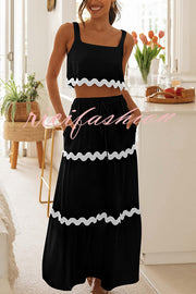 Napa Ric Rac Trims Sleeveless Crop Tank and Drawstring Elastic Waist Pocket Maxi Skirt