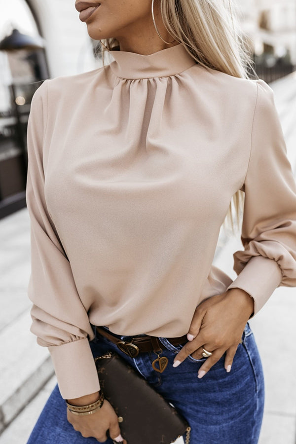 Solid Color Loose and Elegant High Collar Long Sleeve Shirt