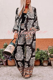 Unique Ethnic Print Loose Long-sleeved Shirt and Elastic Waist Pocket Straight Pants Set