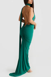 Sexy Backless Pleated Slim Solid Color Sleeveless Elegant Maxi Dress