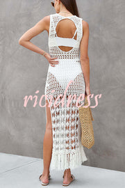 Sunset Cocktail Knit Crochet Tassel Trim Cover-up Maxi Dress