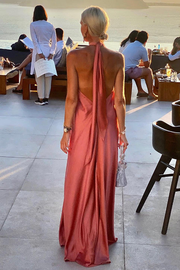 Classy and Fabulous Satin Halter Backless Maxi Dress