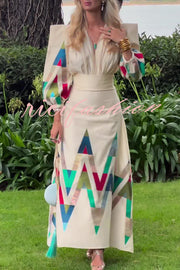 Highest Elegance Colorful Triangle Print Padded Shoulder Blouse and High Rise Maxi Skirt Set