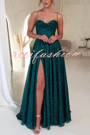 Cinderella Glitter Tulle Fabric Cowl Neck Back Lace-up Pocketed Slit Maxi Dress