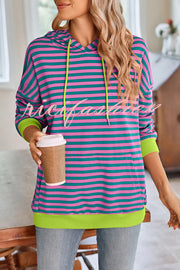 Striped Print Long Sleeve Pocket Loose Hoodie