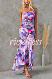 Deja Mesh Overlay Floral Print One Shoulder Ruched Stretch Maxi Dress