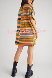 Contrast Striped Patchwork Denim Lapel Loose Casual Mini Dress