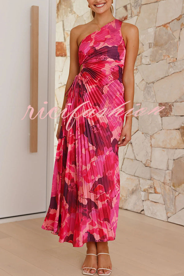 Laken Floral Print One Shoulder Adjustable Tie Cutout Pleated Maxi Dress