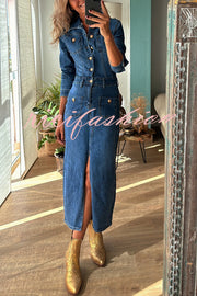 Tessy Denim Metal Button Zipper Shirt Stretch Pencil Slit Midi Dress