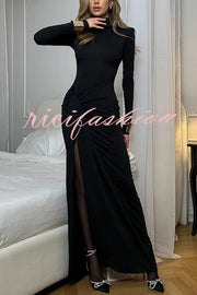 Luxe Silhouette High Neck Shoulder Pads Drape Stretch Maxi Dress