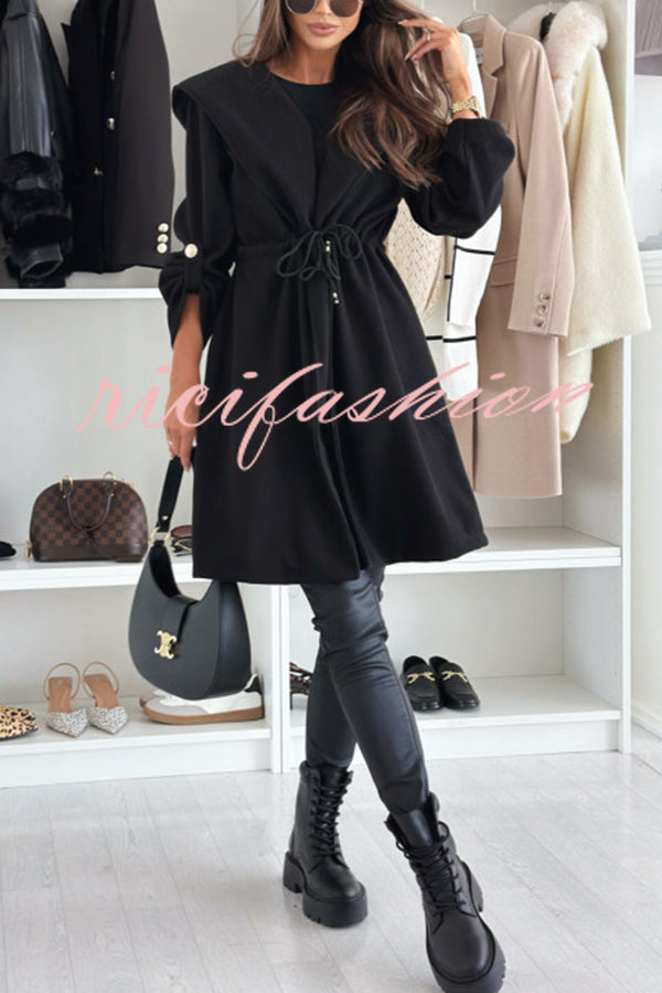 Effortless and Warm Textured Fabric Drawstring Waist Pocket Hooded Midi Coat