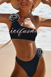 Solid Color Three-dimensional Flower Fashion One Shoulder Stretch Bikini Swimsuit