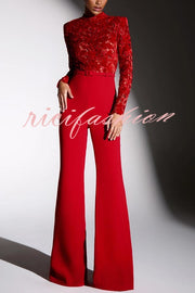 Eleanor Embroidered Floral Lace Long Sleeve Patchwork Belt Flare Jumpsuit