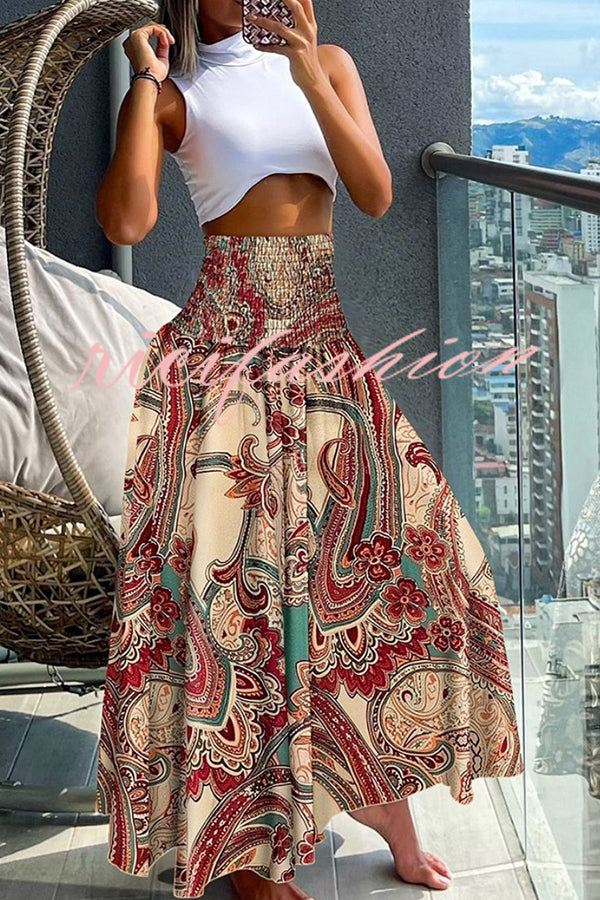 Unique Printed Pleated Elastic Waist Holiday Casual Maxi Skirt