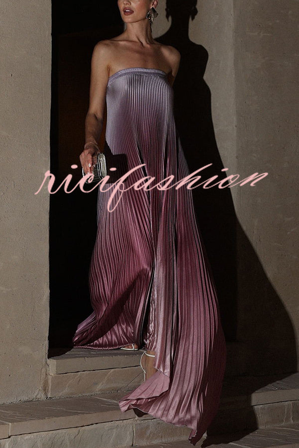 Gorgeous Styling Satin Pleated Elastic Bust Strapless A-line Gown Maxi Dress