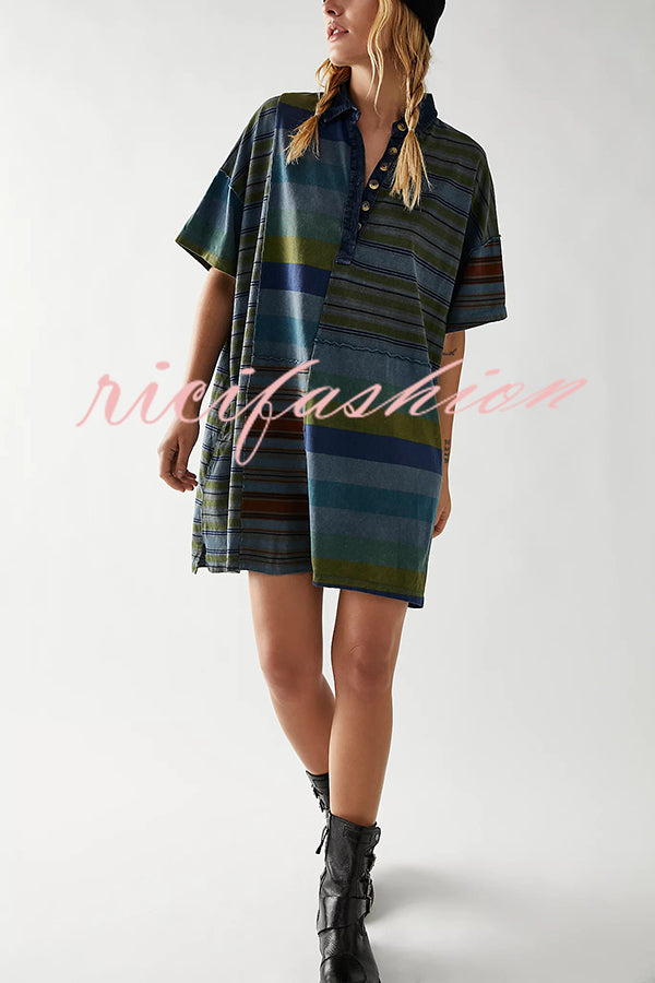 Contrast Striped Patchwork Denim Lapel Loose Casual Mini Dress