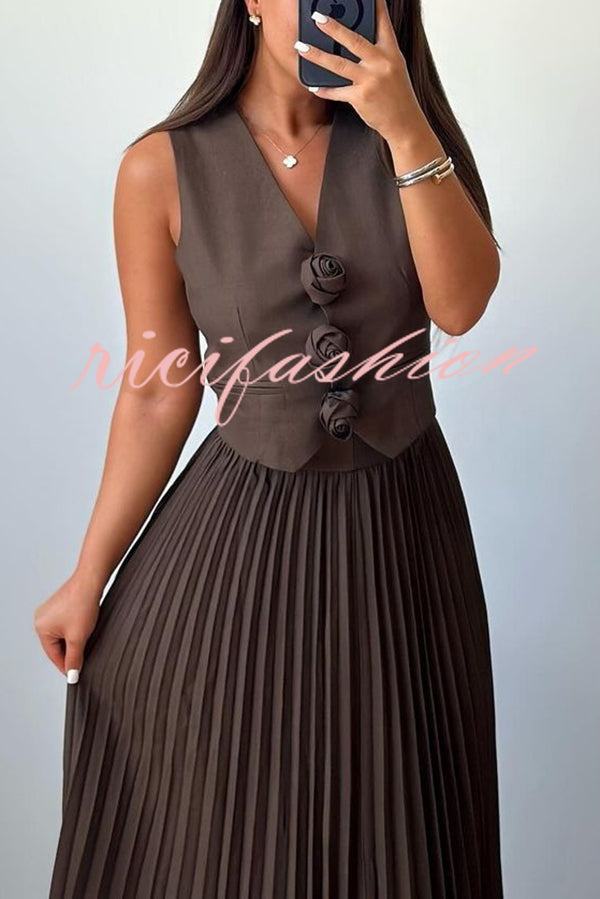 Stylish Rosette Sleeveless Tank Top and Pleated Maxi Skirt Set