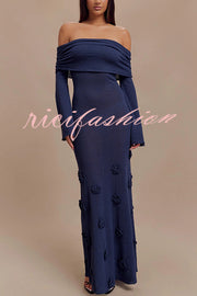 Timeless Sophistication Knit Off Shoulder Rose Detail Stretch Maxi Dress