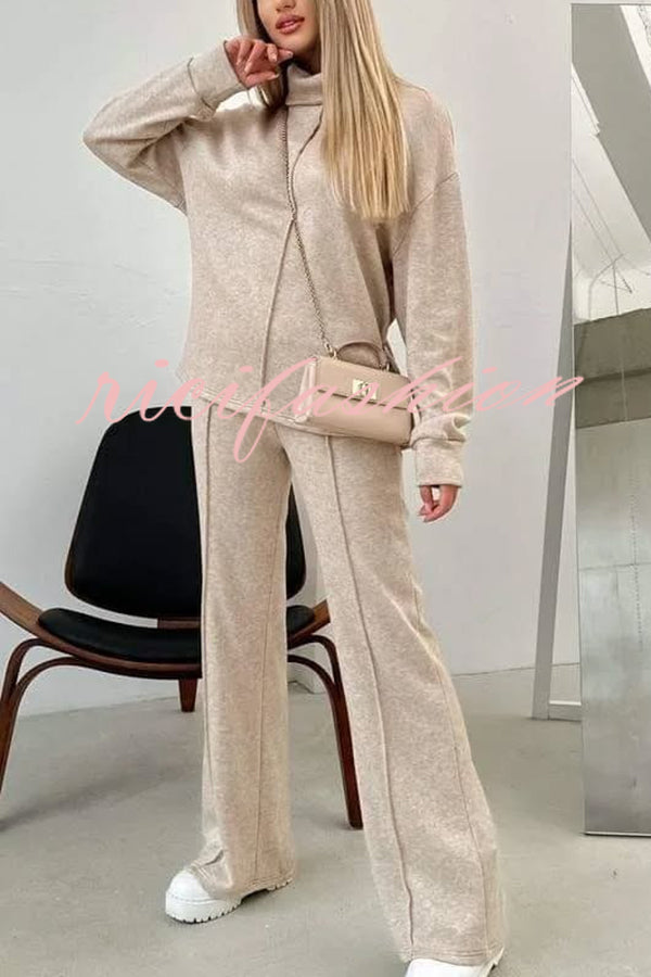 Solid Color Casual Knitted High Neck Long Sleeve Top and Elastic Waist Loose Pants Set