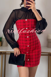 Festive Elegance Tulle Plaid Tweed Patchwork Balloon Sleeve Mini Dress