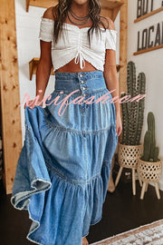 Bohemian High Rise Button Up Loose Denim Pocket Maxi Skirt