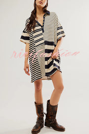 Contrast Striped Patchwork Denim Lapel Loose Casual Mini Dress