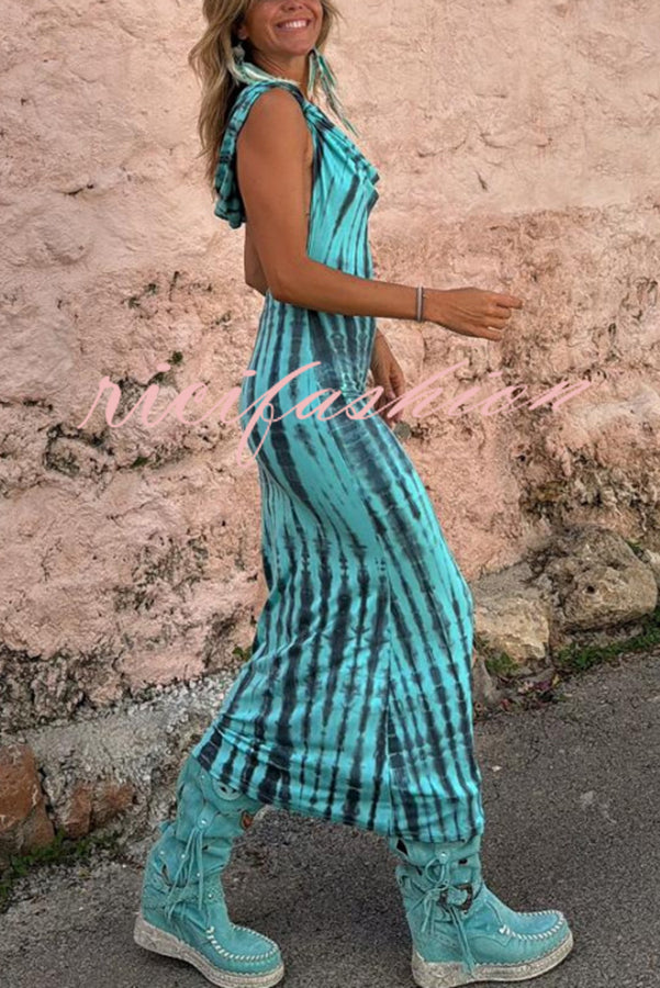 Pietra Tie Dye Print Scoop Neck Backless Hooded Stretch Maxi Dress