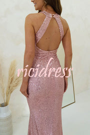 Time To Sparkle Sequin Cross Halter Neck Backless Maxi Dress