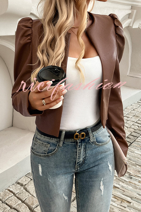 Yelissa Faux Leather Statement Long Sleeve Open Front Crop Jacket