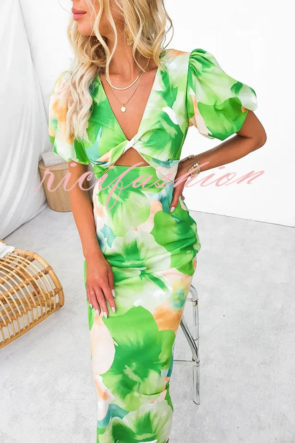 Sophia Floral Print Satin Puff Sleeve Twist Bust Cutout Midi Dress