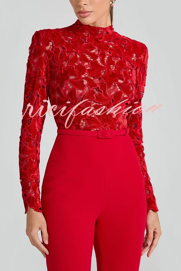 Eleanor Embroidered Floral Lace Long Sleeve Patchwork Belt Flare Jumpsuit