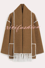 Stylish Loose Pocket Long Sleeve Coat and Warm Fringed Scarf