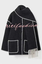 Stylish Loose Pocket Long Sleeve Coat and Warm Fringed Scarf