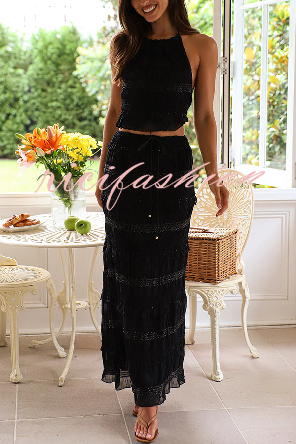 Feel Chic and Romantic Sequin Textured Material Back Elastic Halter Tie Tank