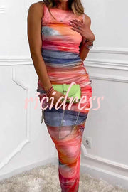 Locking Eyes Mesh Tie-dye Print Ruched Midi Dress