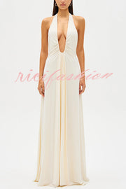 Sexy Silhouette Deep U-neck Halter Waterfall Sash Drape Maxi Dress